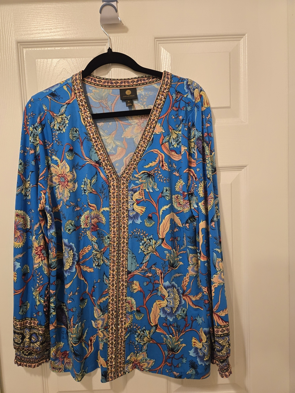 JM Collection Blue Floral V-Neck Blouse